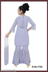 Georgette A-line ethnic kurta and sharara set with self-design patterns, ideal for girls aged 4-11, Indian origin
